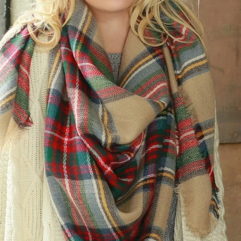 TAN Plaid Printed Oversized fall winter scarf - Picture 7 of 7